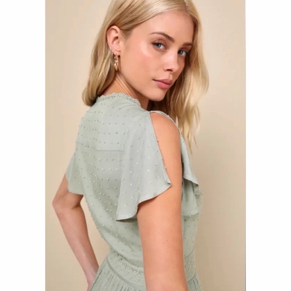 LULU’S • Sage Green Completely In Love Swiss Dot Button-Front Maxi Dress, S - Picture 3 of 16